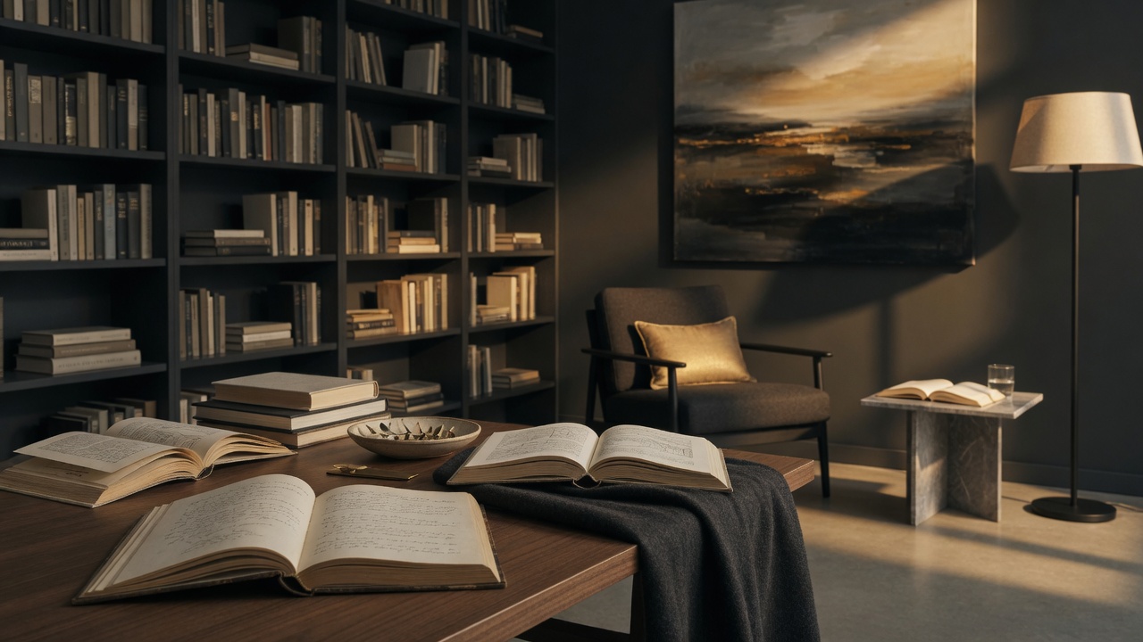 Quiet study with open books — the wisdom library